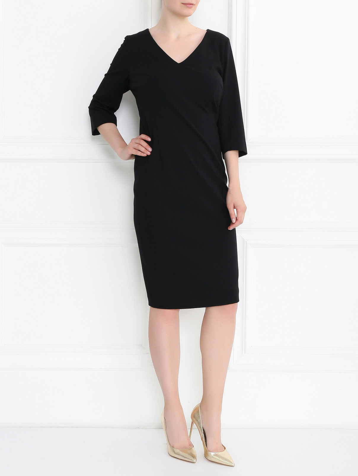 Трикотажное платье-футляр с V-образным вырезом Marina Rinaldi  –  Модель Общий вид  – Цвет:  Черный