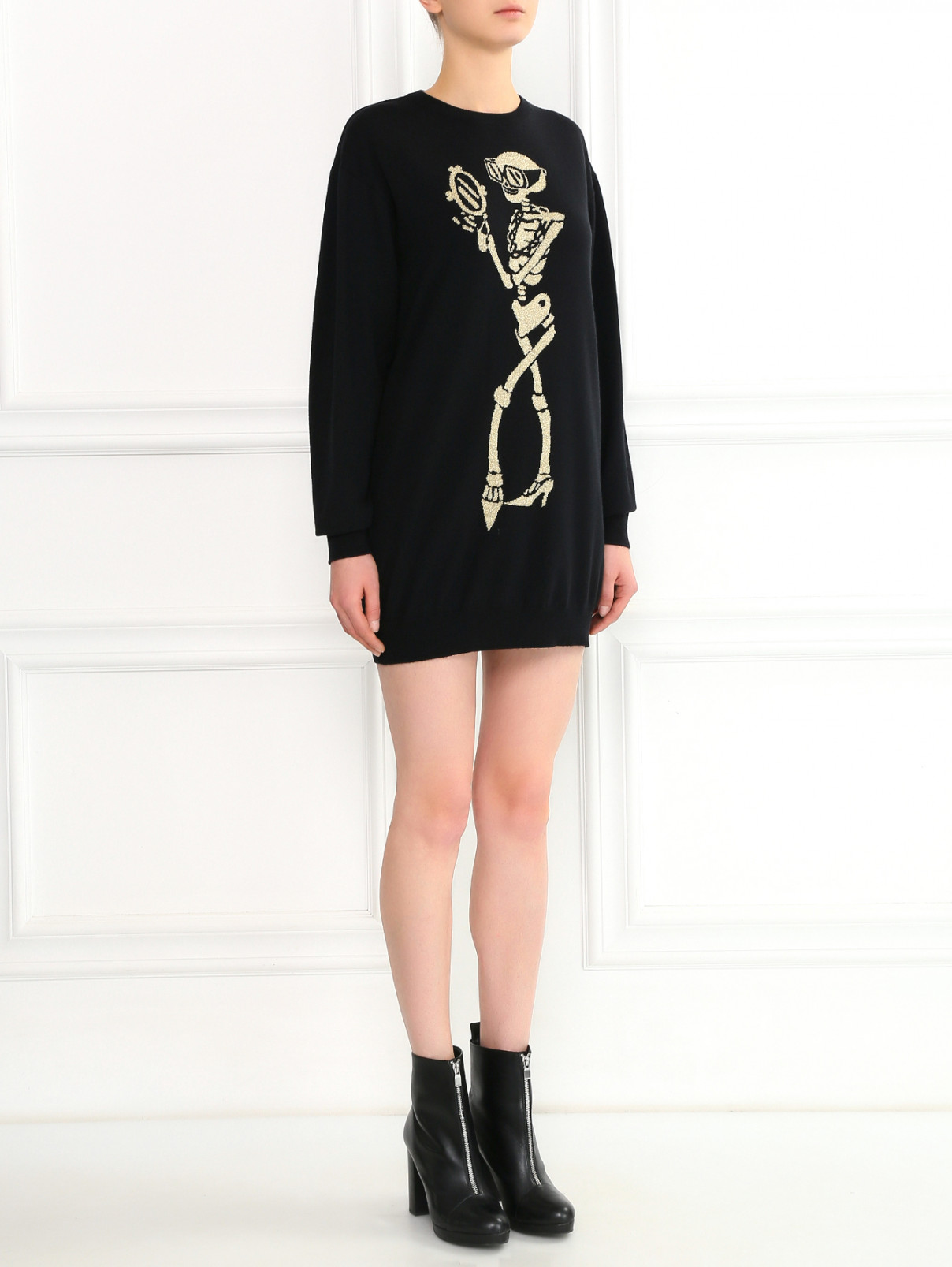 Трикотажное платье из шерсти с узором и длинными рукавами Moschino Couture  –  Модель Общий вид  – Цвет:  Черный