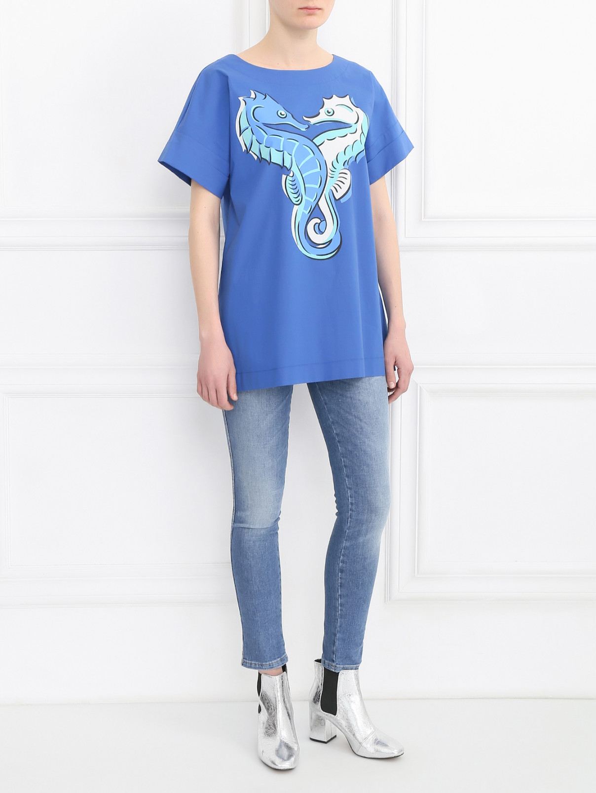 Рубашка из хлопка с принтом Moschino Boutique  –  Модель Общий вид  – Цвет:  Синий