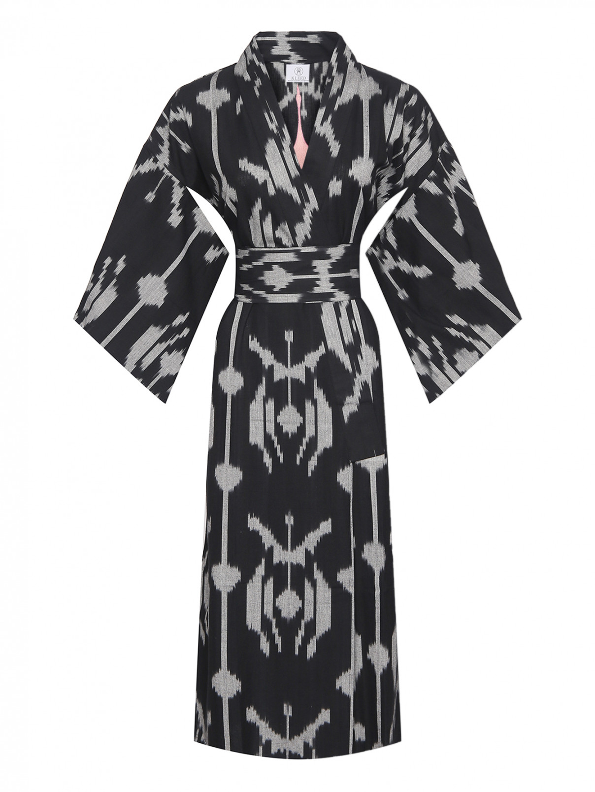 Платье-кимоно из хлопка с узором и вышивкой Kleed  –  Общий вид  – Цвет:  Черный