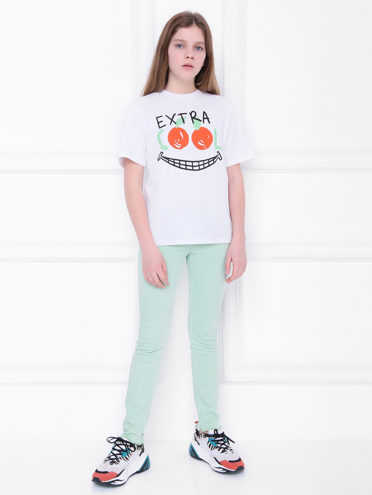 Джинсы из зеленого денима с бахромой Stella McCartney kids  –  МодельОбщийВид  – Цвет:  Зеленый