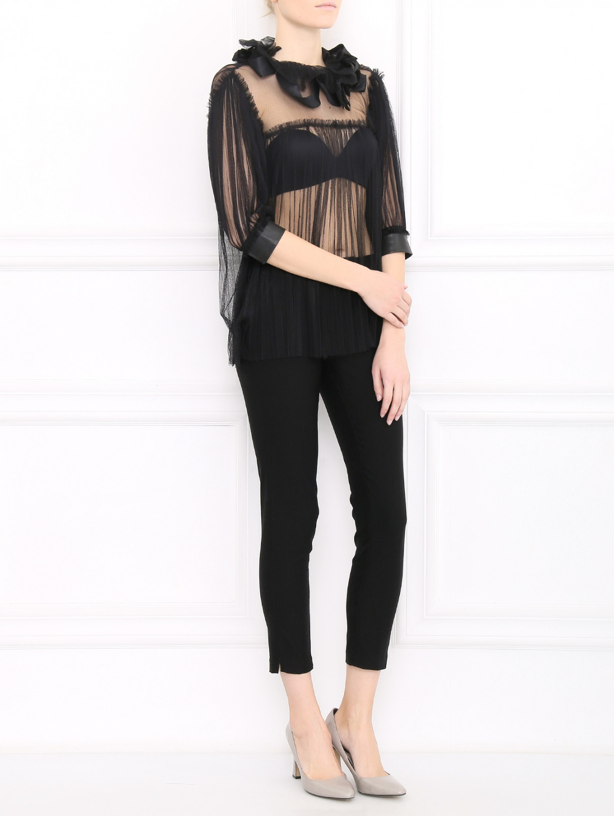 Блуза из шелка с кожаными вставками Mariella Burani  –  Модель Общий вид  – Цвет:  Черный