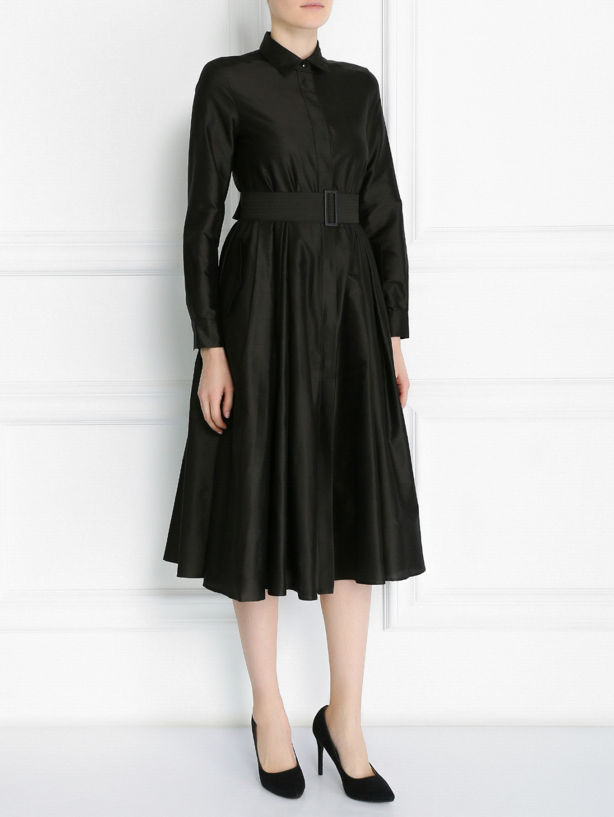 Платье-миди из шелка с поясом Max Mara  –  Модель Общий вид  – Цвет:  Серый