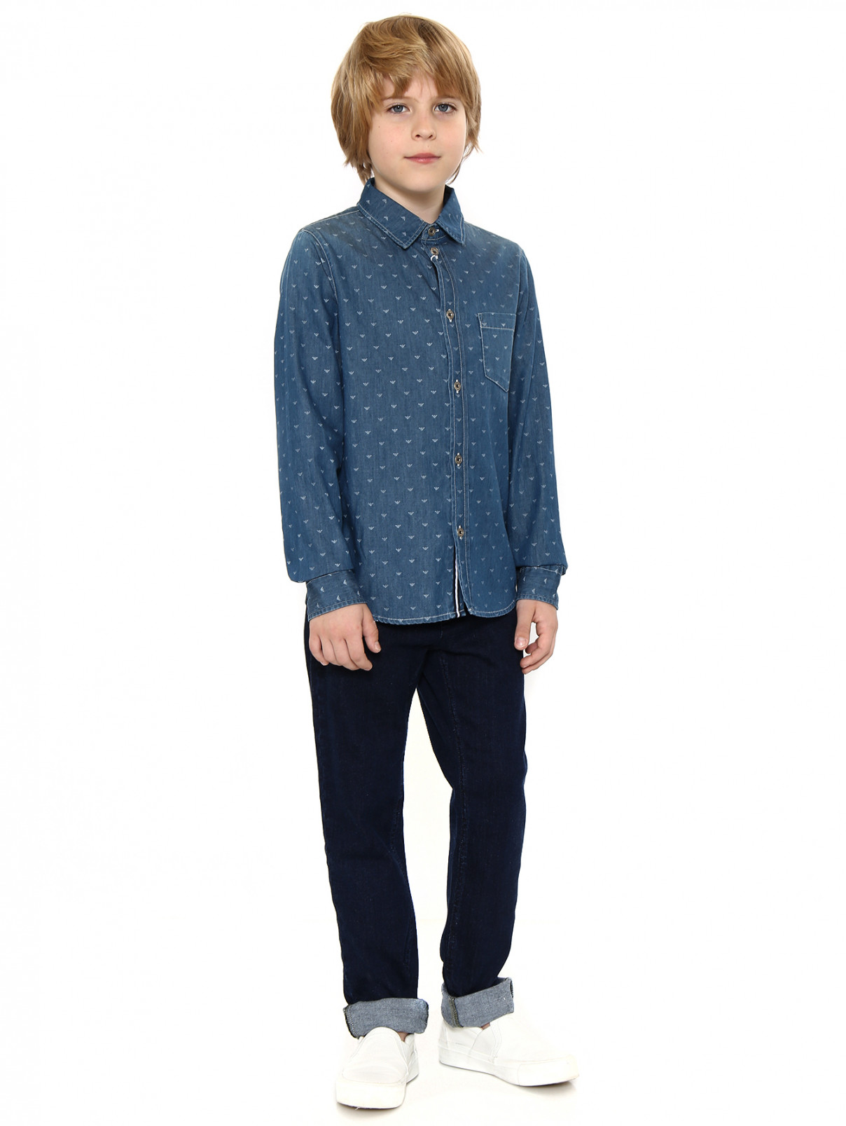 Рубашка из хлопка с узором Armani Junior  –  Модель Общий вид  – Цвет:  Синий