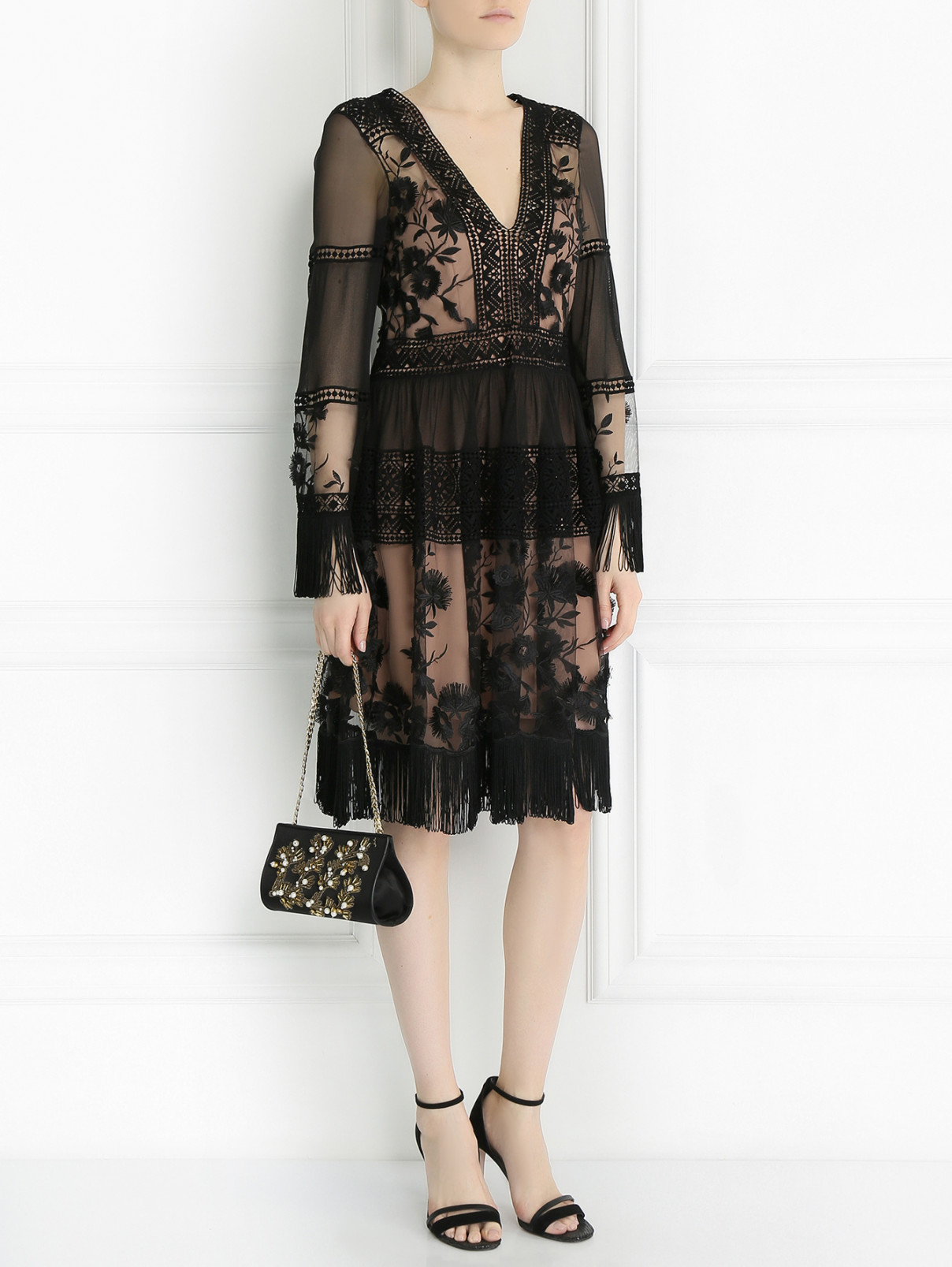 Платье-миди декорированное вышивкой и кружевом Alberta Ferretti  –  Модель Общий вид  – Цвет:  Черный