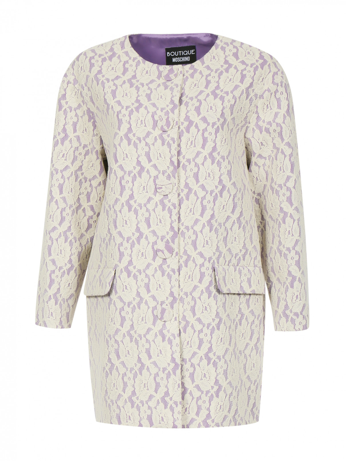 Пальто из хлопка декорированное кружевом Moschino Boutique  –  Общий вид  – Цвет:  Фиолетовый