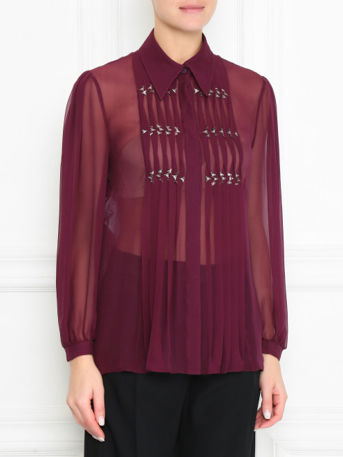 Блуза из  шелка с плиссировкой и аппликацией из камней Alberta Ferretti - МодельВерхНиз