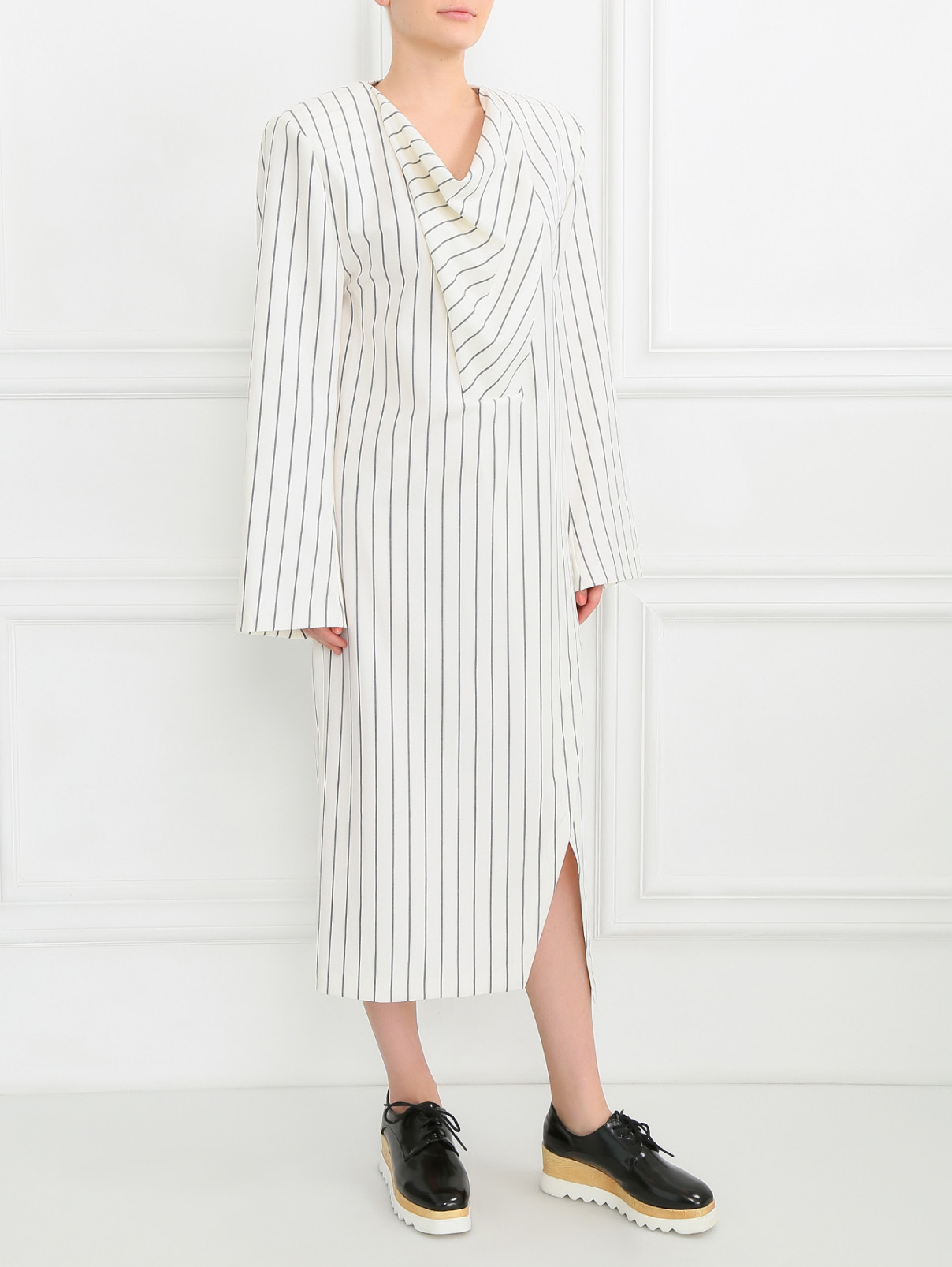 Платье из шерсти с узором "полоска" Jil Sander  –  Модель Общий вид  – Цвет:  Белый