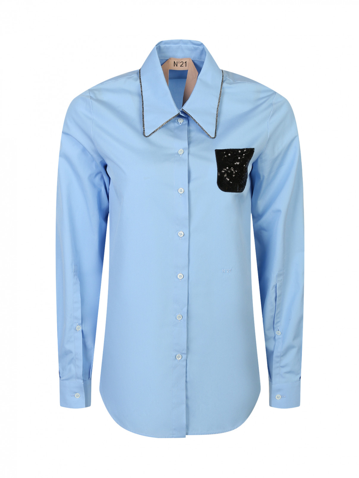 Рубашка из хлопка декорированная стразами N21  –  Общий вид  – Цвет:  Синий