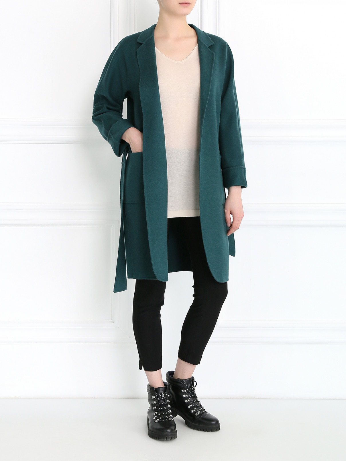 Пальто из шерсти с поясом Max Mara  –  Модель Общий вид  – Цвет:  Зеленый