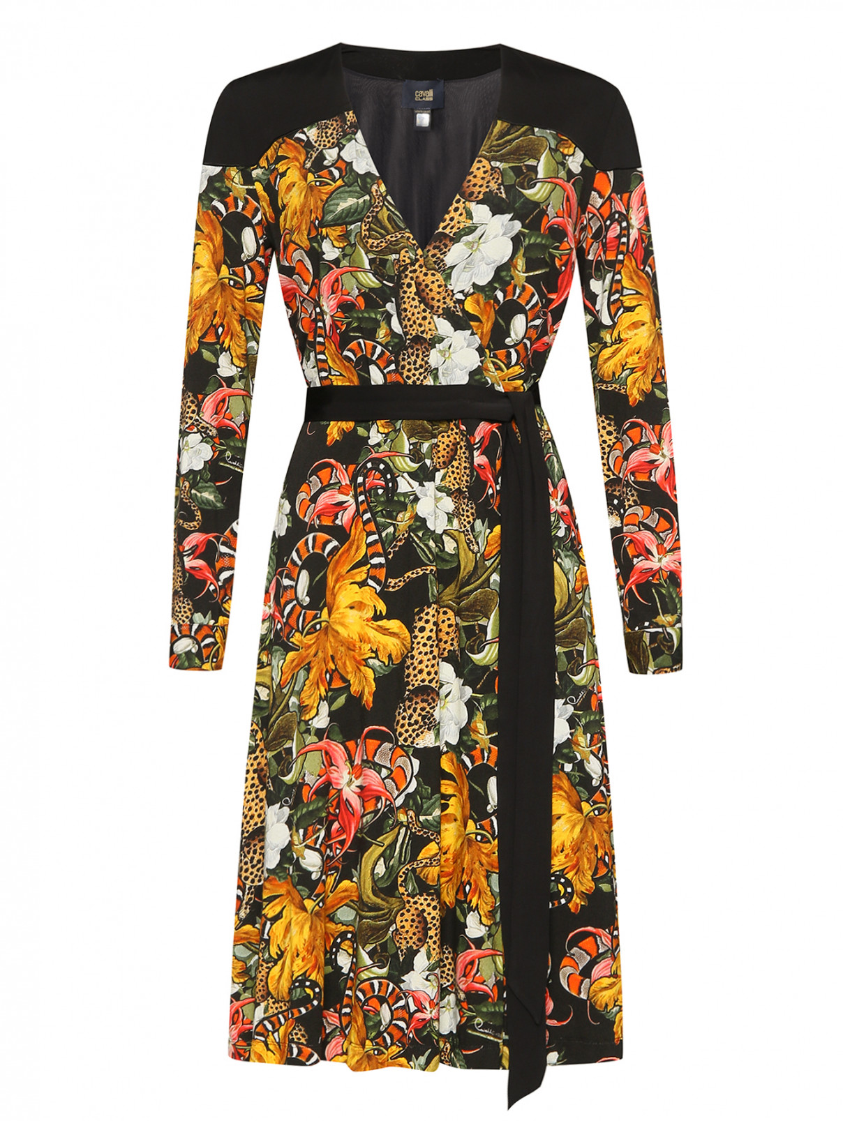 Платье на запах из вискозы с узором Cavalli class  –  Общий вид  – Цвет:  Черный