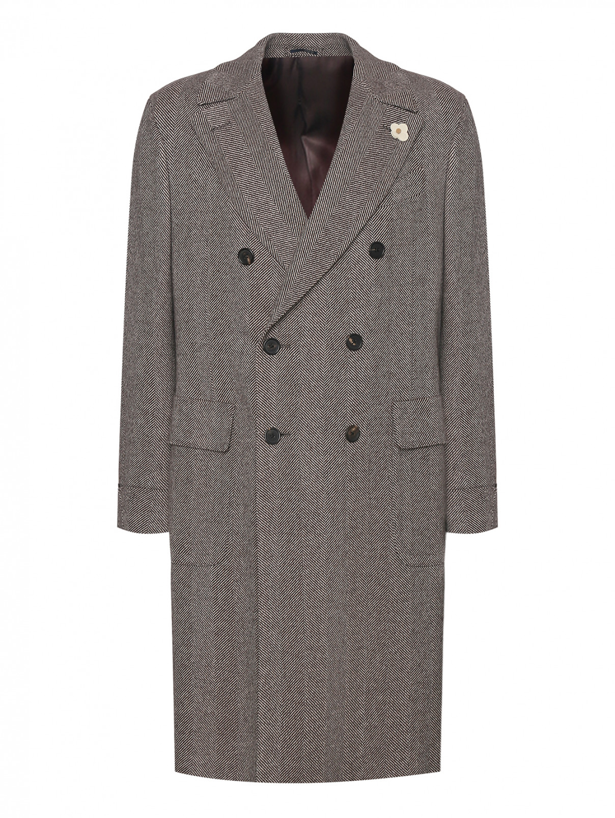 Двубортное пальто из шерсти с брошью LARDINI  –  Общий вид  – Цвет:  Коричневый