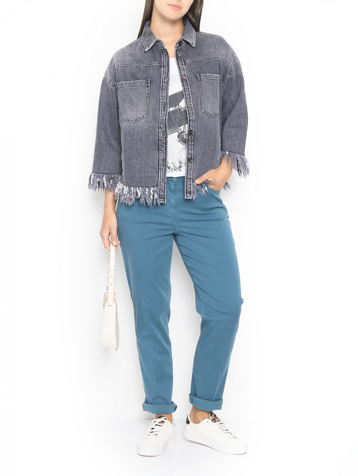 Куртка из денима с бахромой Marina Rinaldi  –  МодельОбщийВид  – Цвет:  Серый