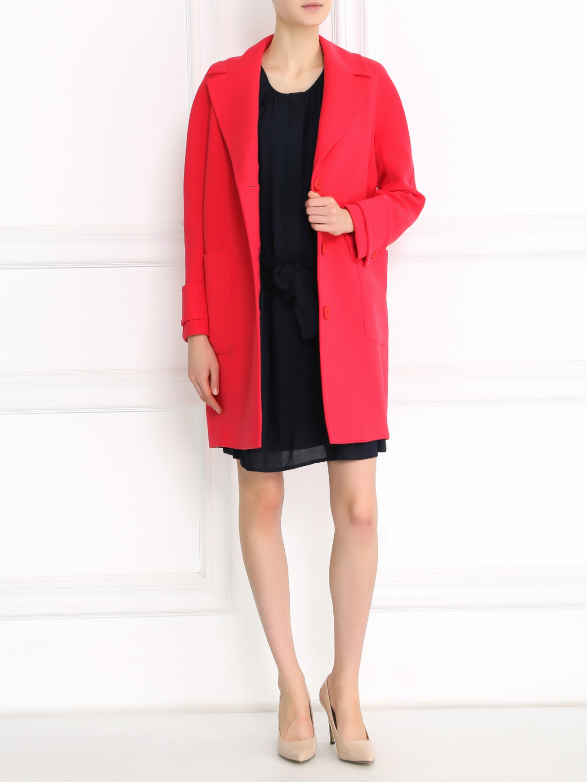 Однотонное объемное пальто на пуговицах Tara Jarmon  –  Модель Общий вид  – Цвет:  Розовый