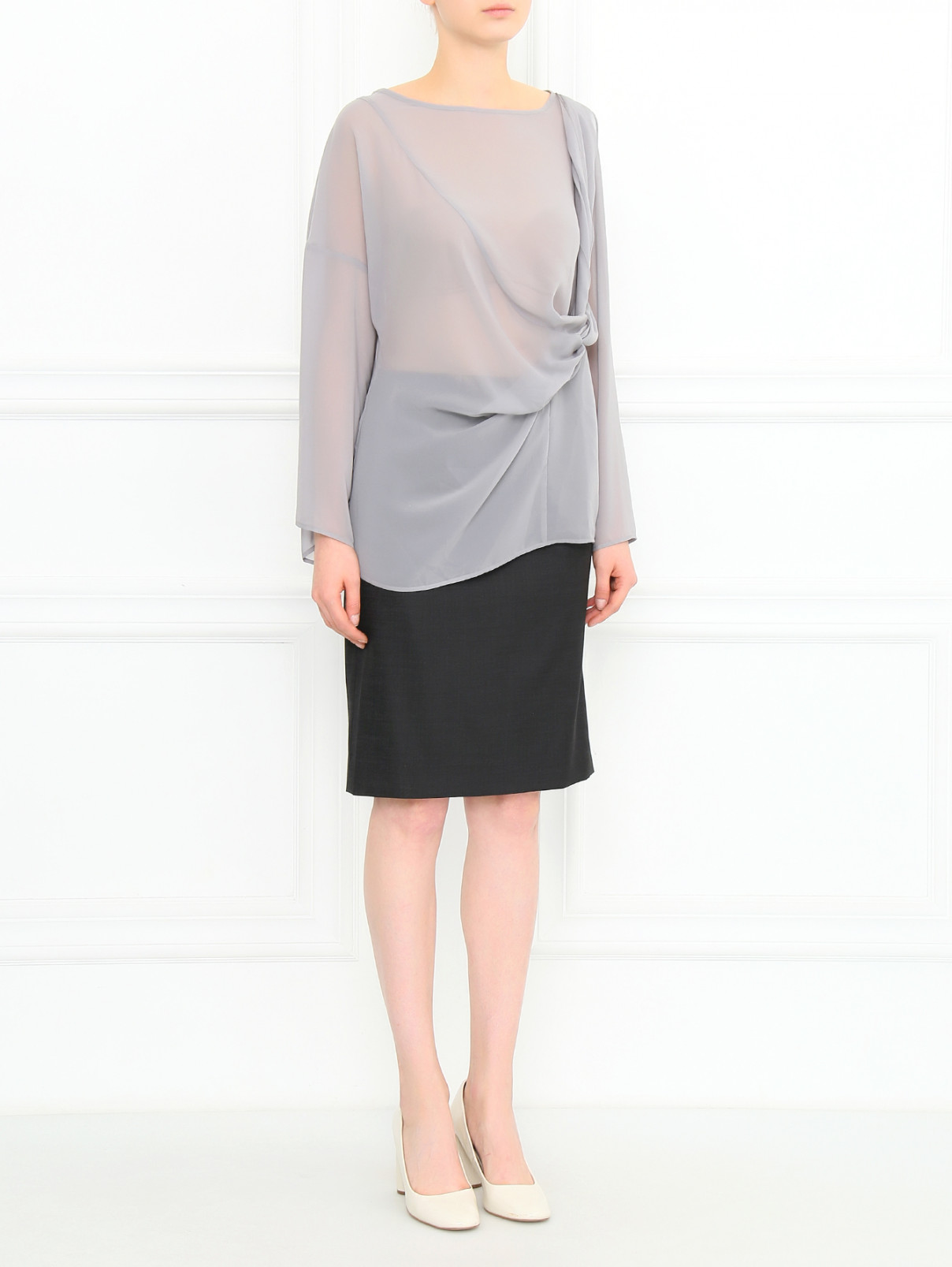 Блуза свободного кроя с драпировкой Anne Valerie Hash  –  Модель Общий вид  – Цвет:  Серый