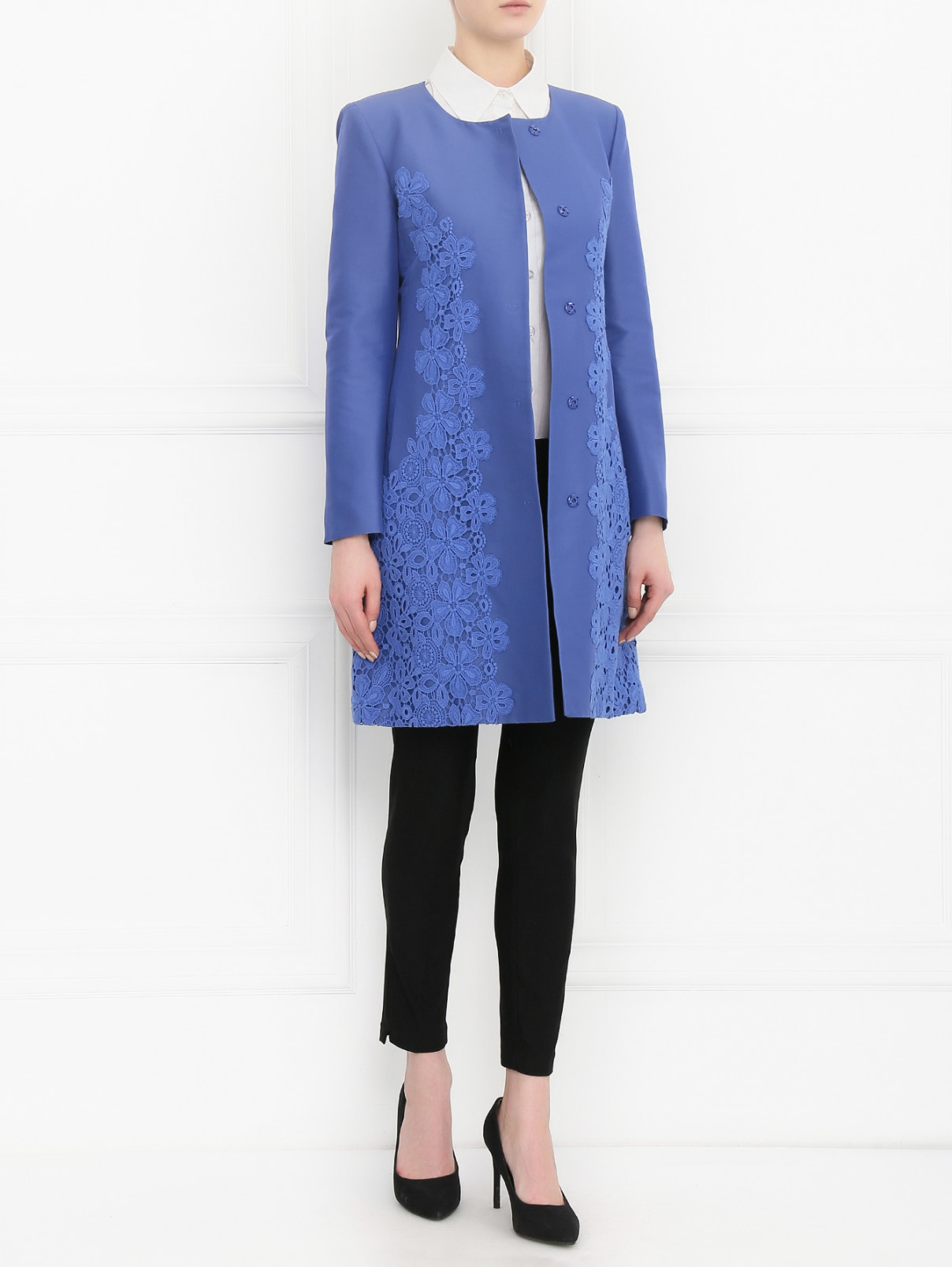 Пальто с кружевной вставкой Alberta Ferretti  –  Модель Общий вид  – Цвет:  Синий