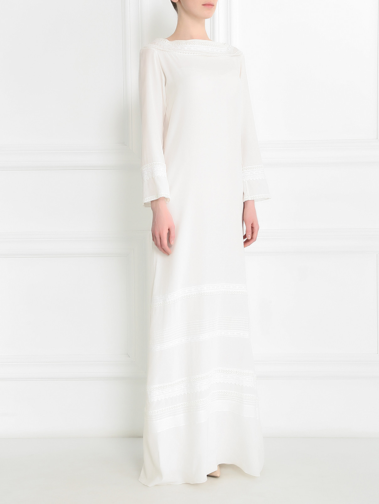 Платье-макси из шелка с вышивкой Alberta Ferretti  –  Модель Общий вид  – Цвет:  Белый