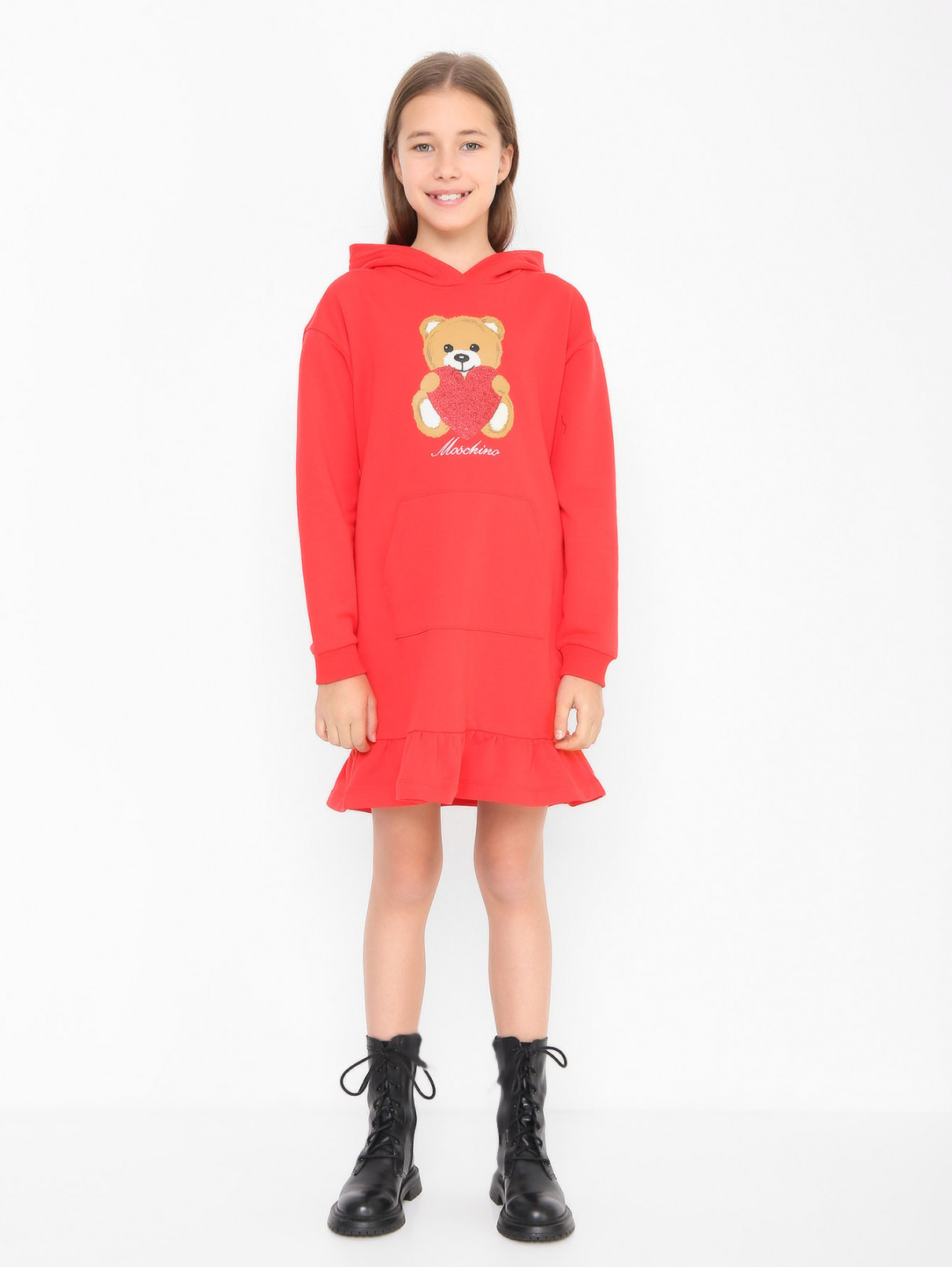 Платье из хлопка декорированное принтом с пайетками Moschino  –  МодельОбщийВид  – Цвет:  Красный
