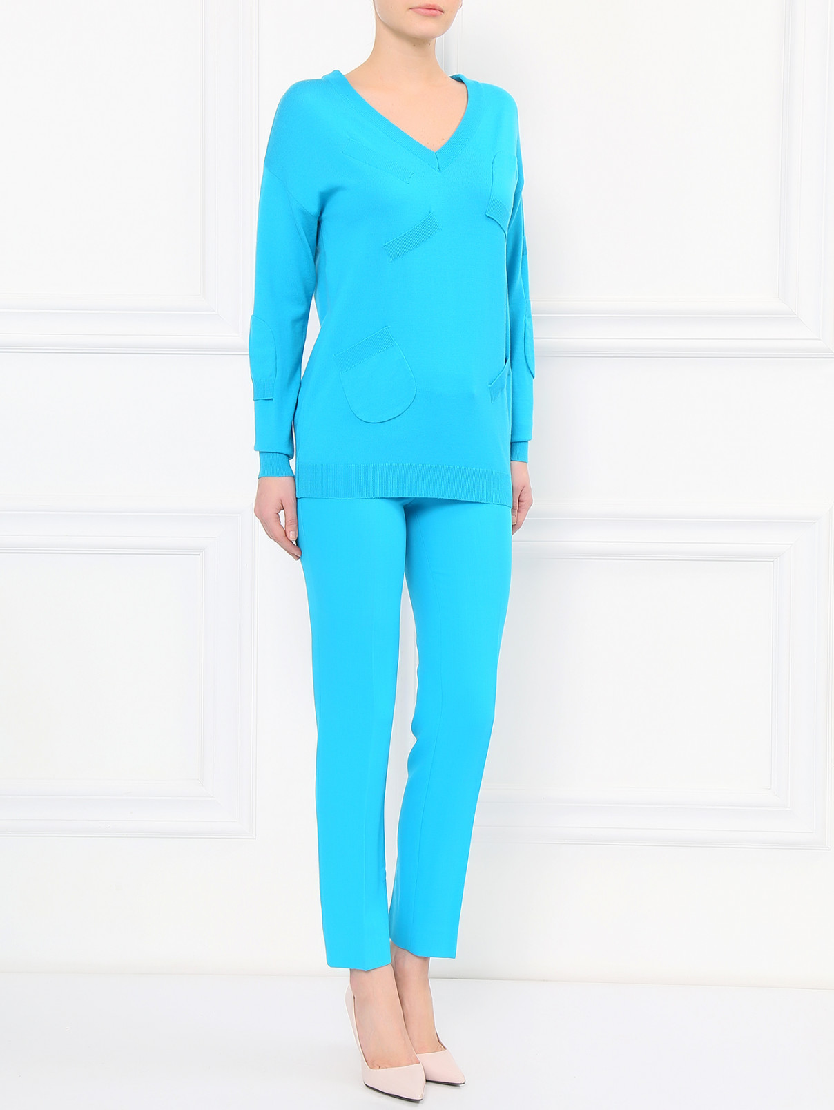 Удлиненный джемпер из шерсти с V-образным вырезом Moschino Boutique  –  Модель Общий вид  – Цвет:  Синий