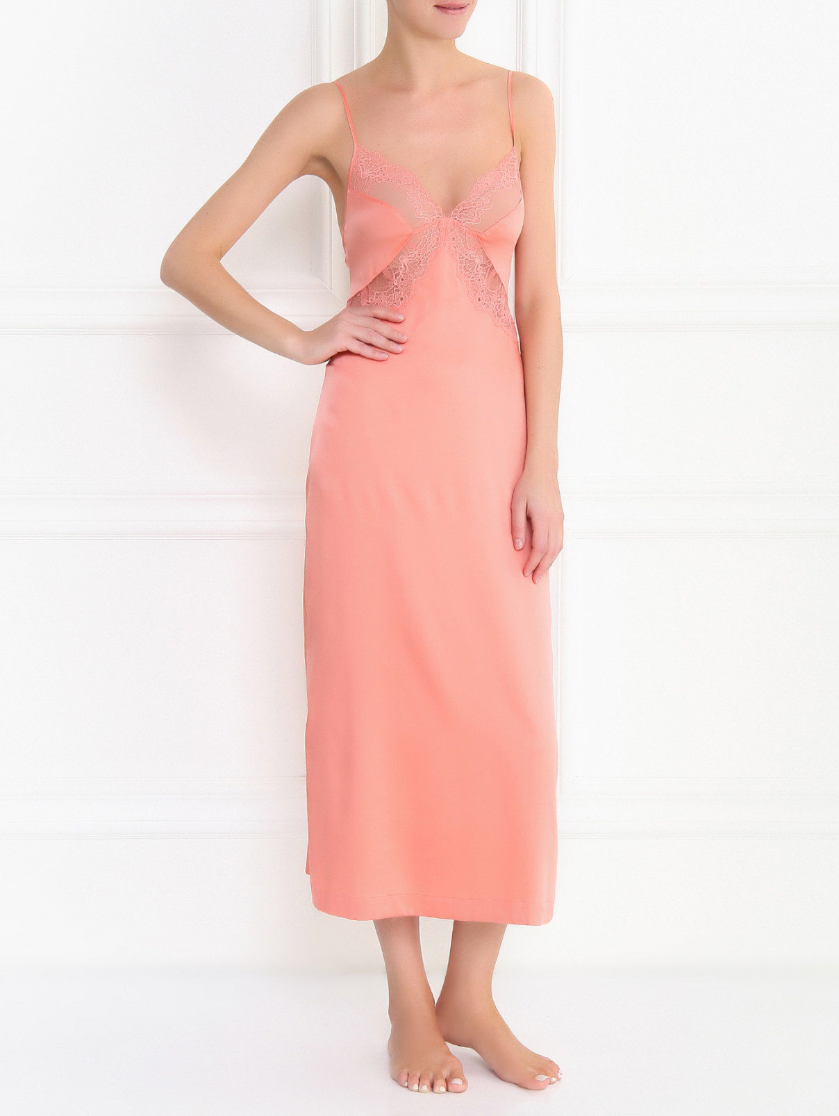 Сорочка-макси декорированная кружевом La Perla  –  Модель Общий вид  – Цвет:  Розовый