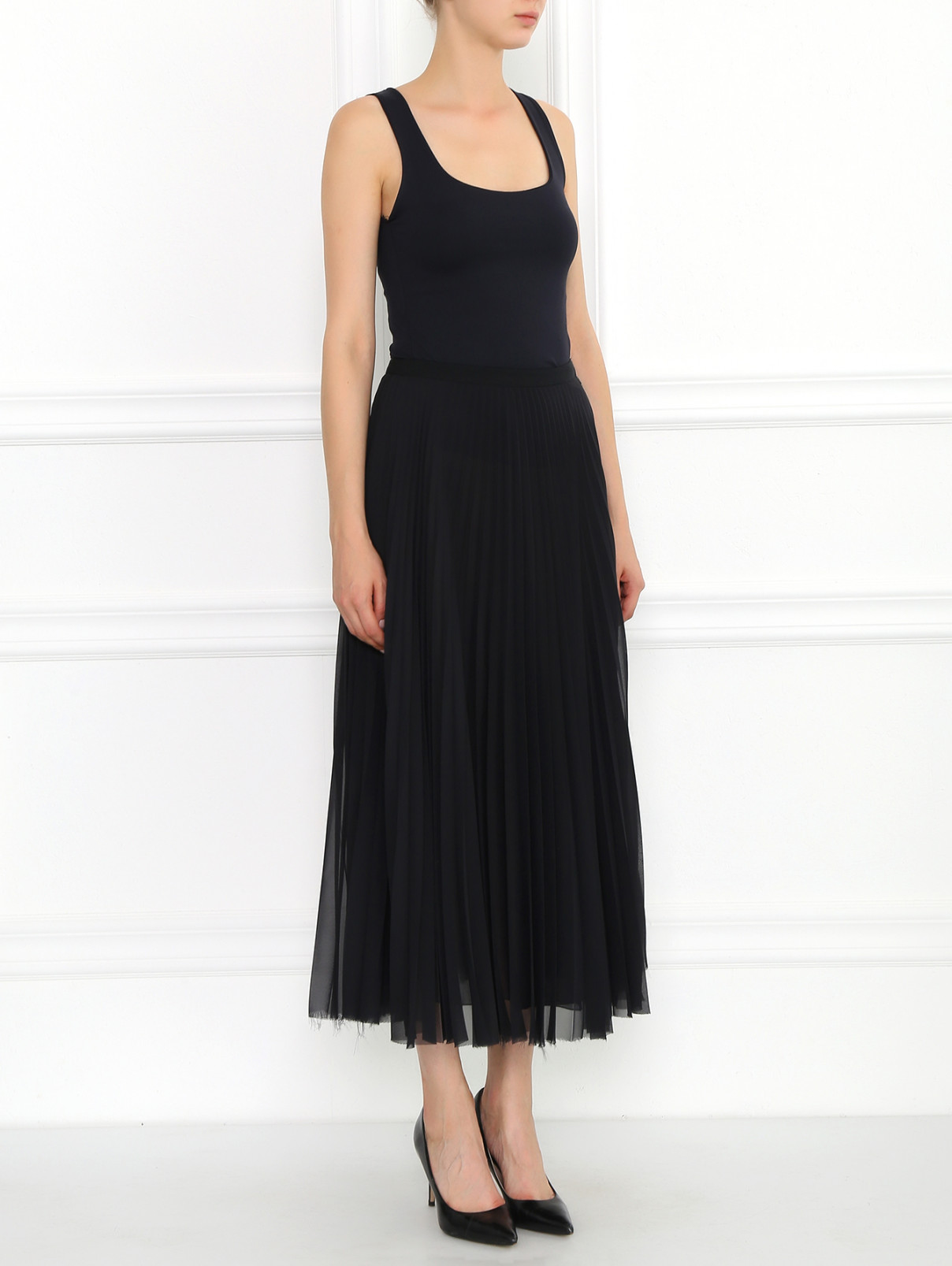 Гофрированная юбка-миди из полупрозрачной ткани Andrew GN  –  Модель Общий вид  – Цвет:  Черный