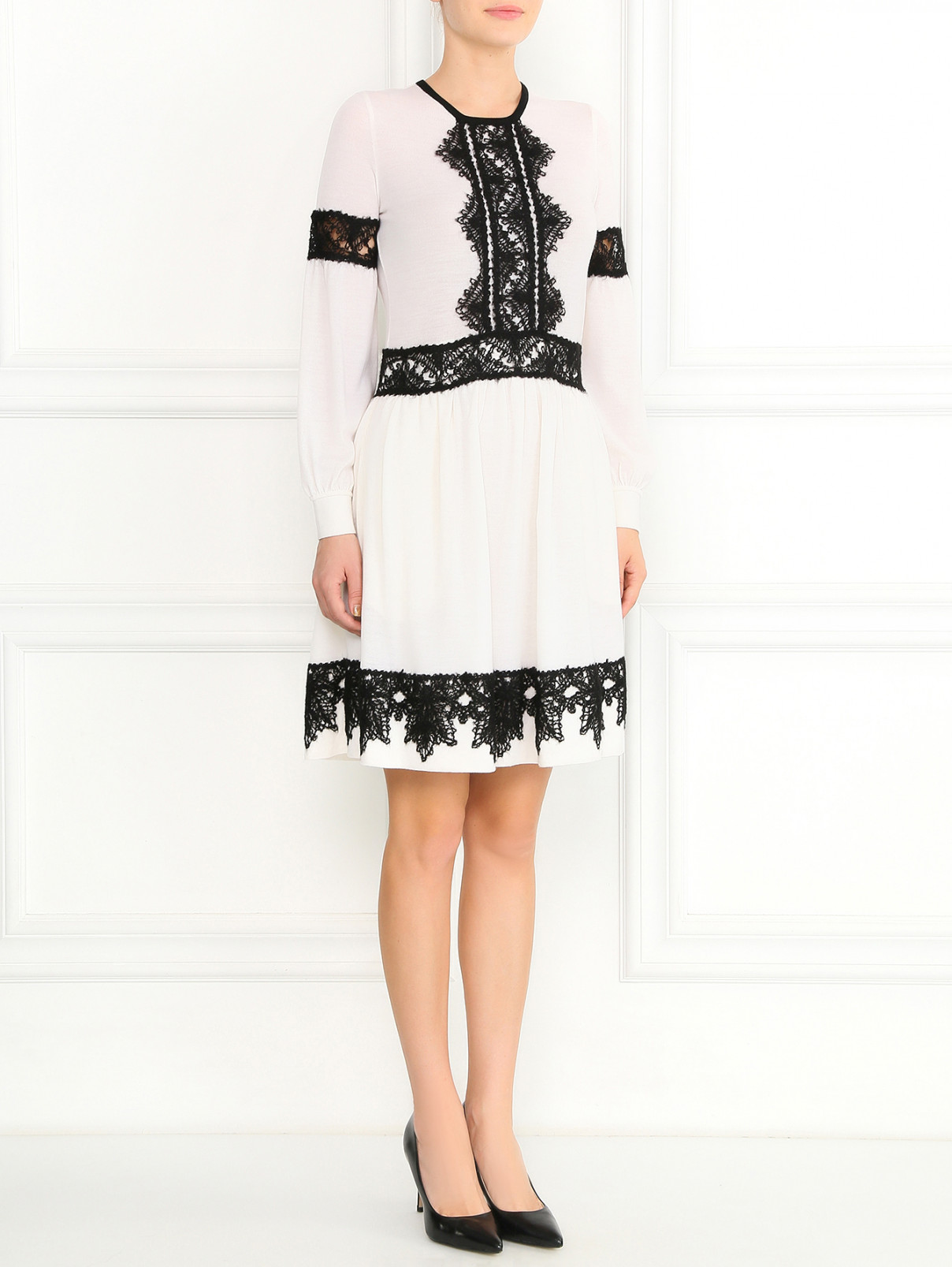 Трикотажное платье из шерсти с кружевом Alberta Ferretti  –  Модель Общий вид  – Цвет:  Белый
