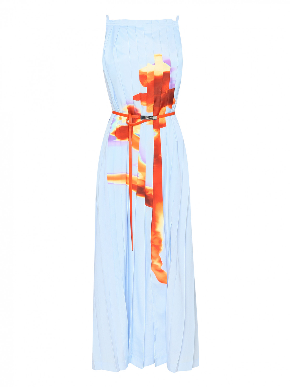 Платье с узором и контрастным поясом Sportmax  –  Общий вид  – Цвет:  Синий