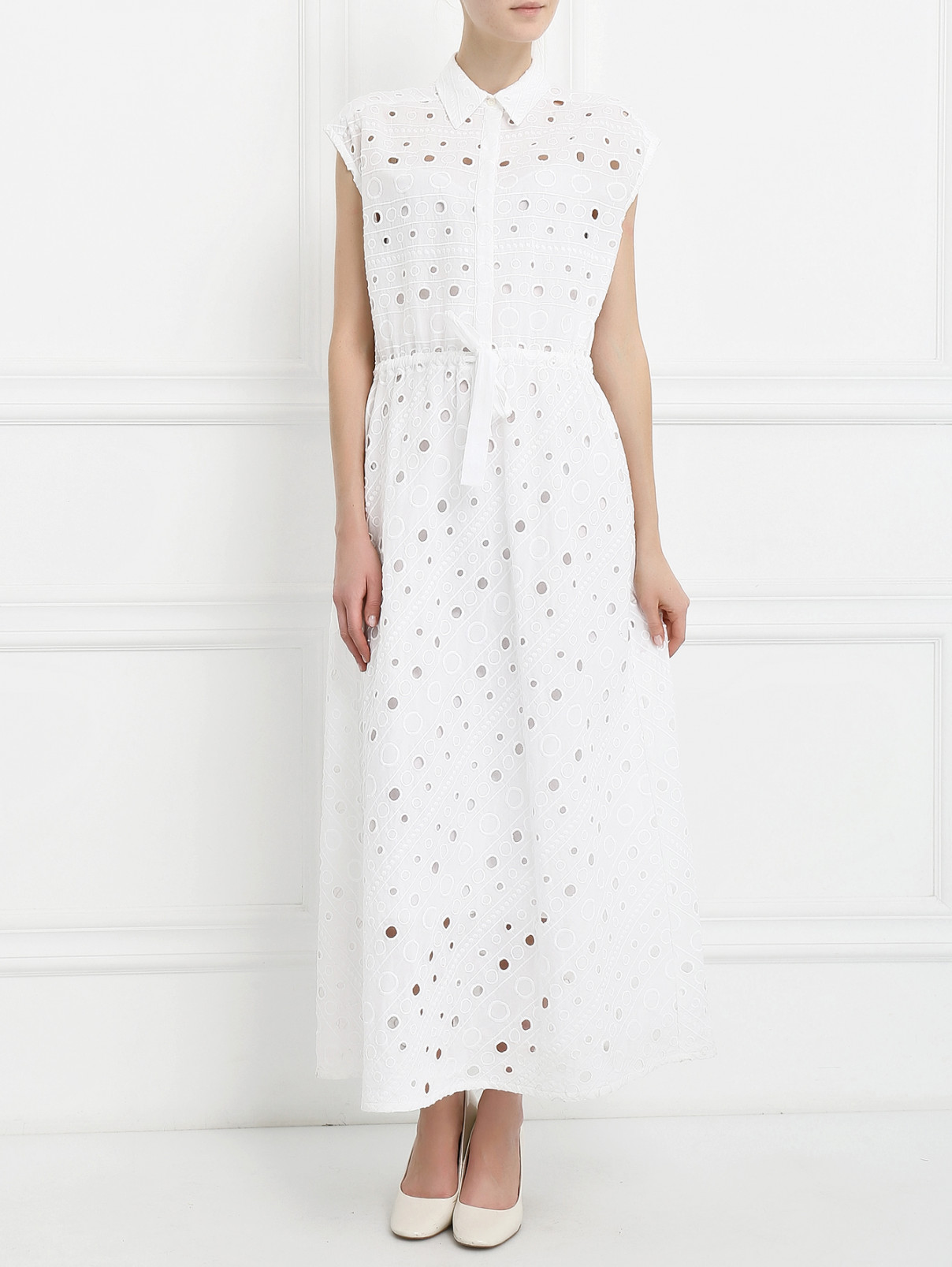Платье-макси из хлопка без рукавов Moschino Boutique  –  Модель Общий вид  – Цвет:  Белый