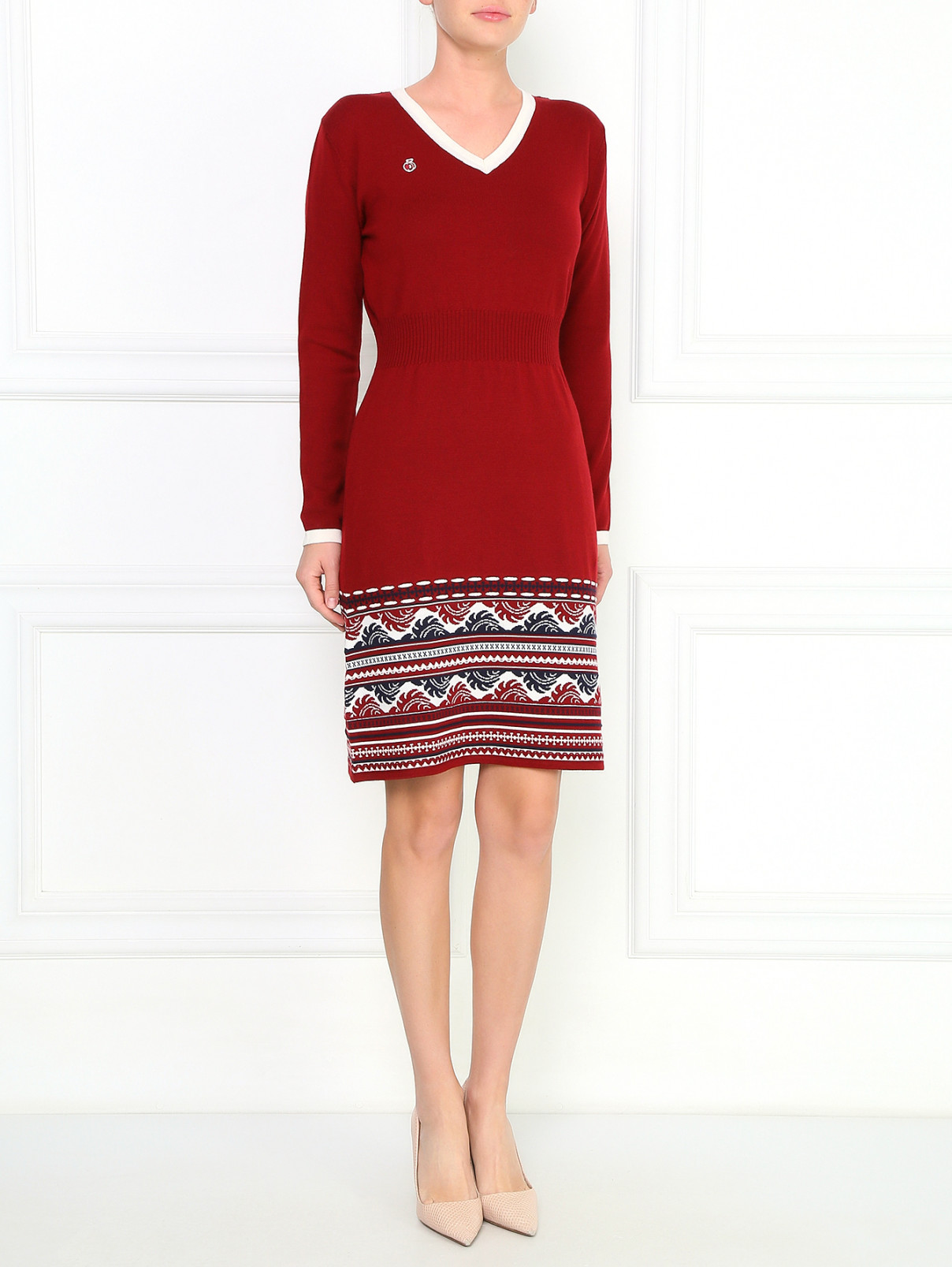 Платье-миди из шерсти с длинным рукавом и узором BOSCO  –  Модель Общий вид  – Цвет:  Красный