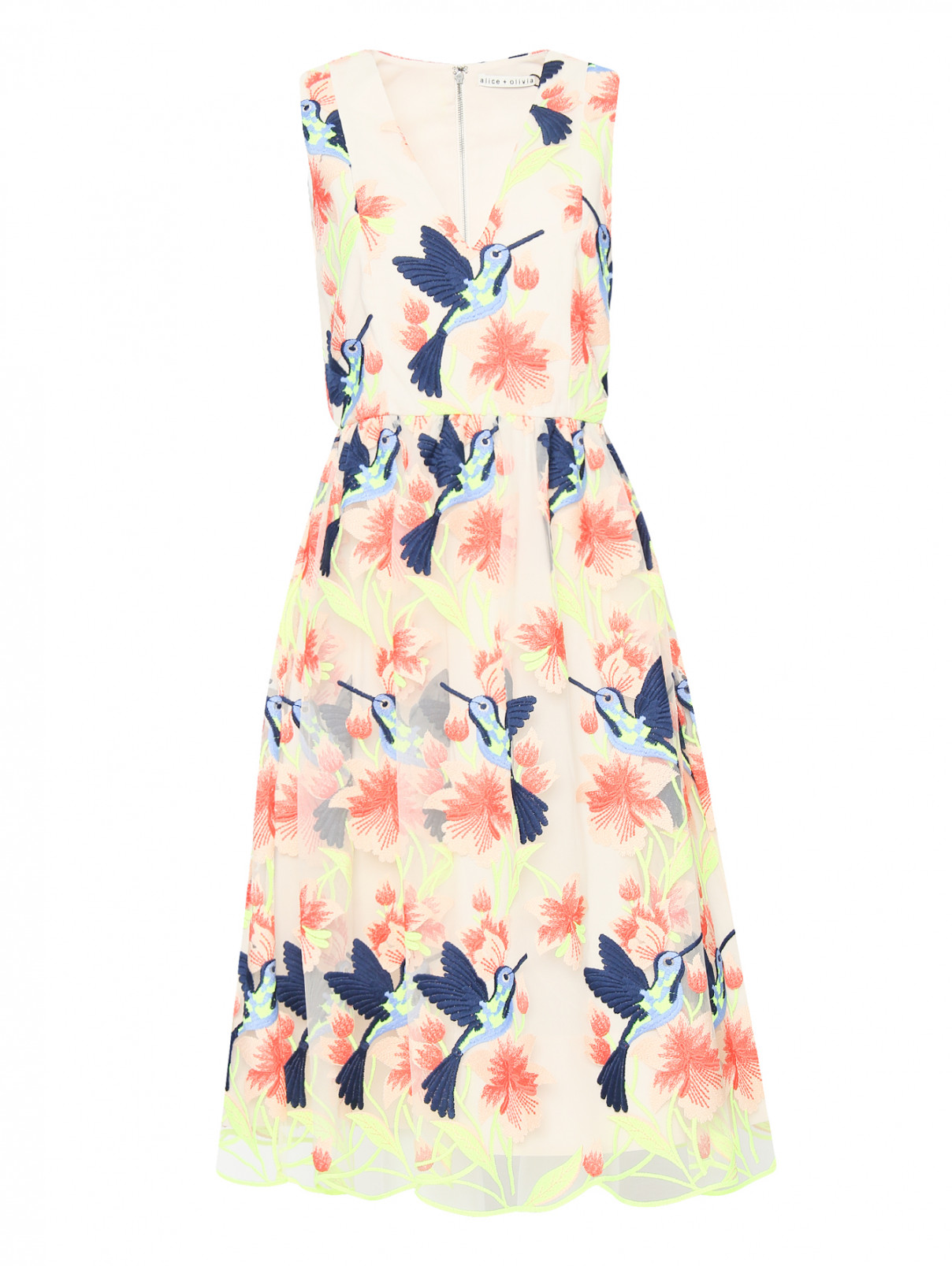 Платье-миди с декоративной вышивкой Alice+Olivia  –  Общий вид  – Цвет:  Мультиколор