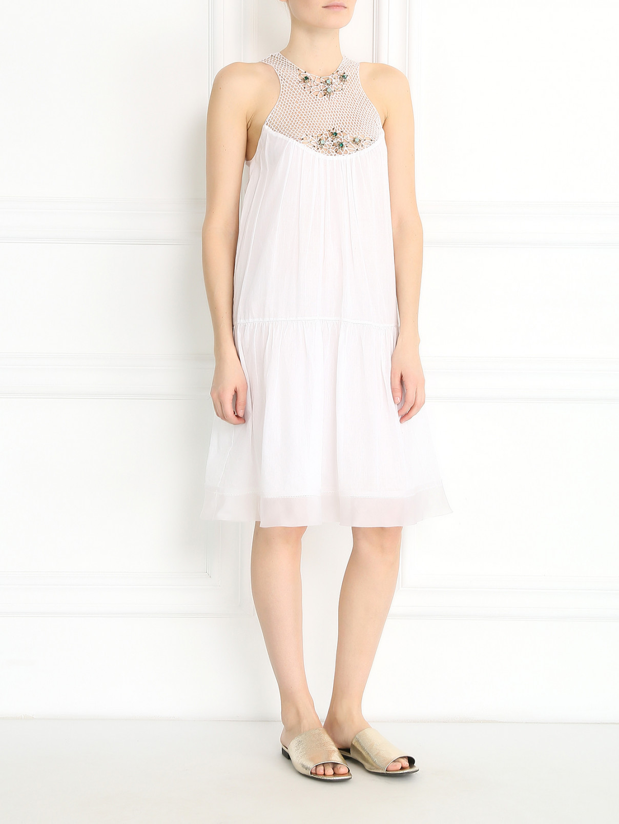 Платье из хлопка декорированное цветными кристаллами Ermanno Scervino  –  Модель Общий вид  – Цвет:  Белый