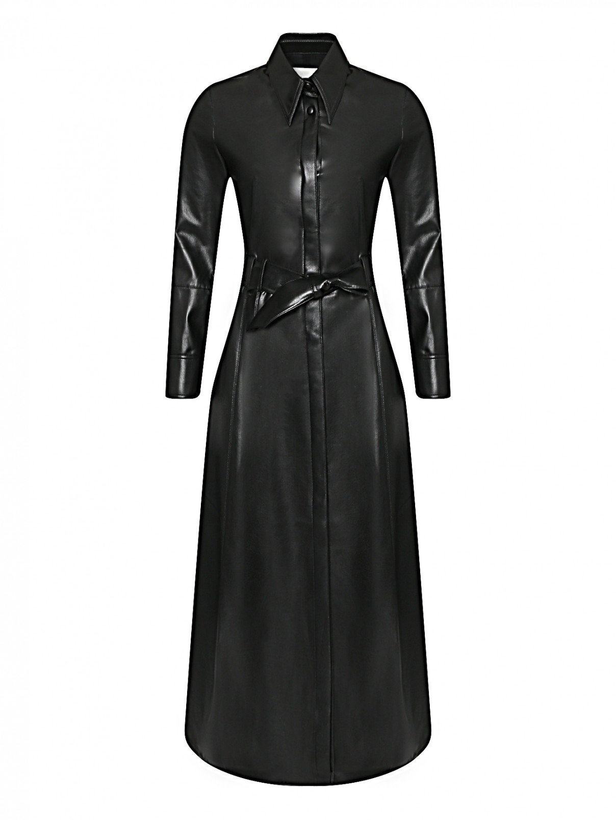Платье-миди из искусственной кожи с поясом Nanushka  –  Общий вид  – Цвет:  Черный