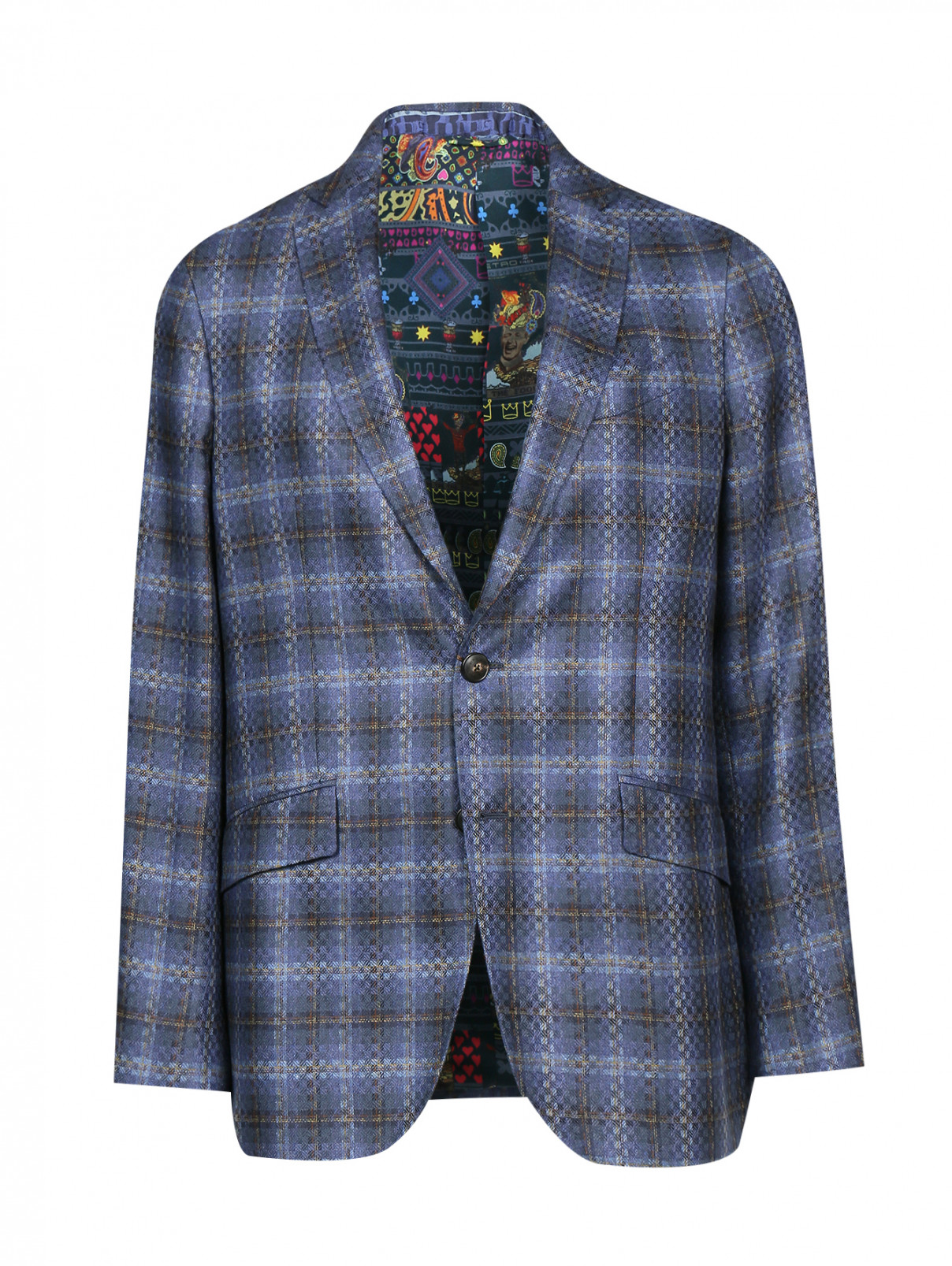 Пиджак однобортный из шелка с узором "клетка" Etro  –  Общий вид  – Цвет:  Синий