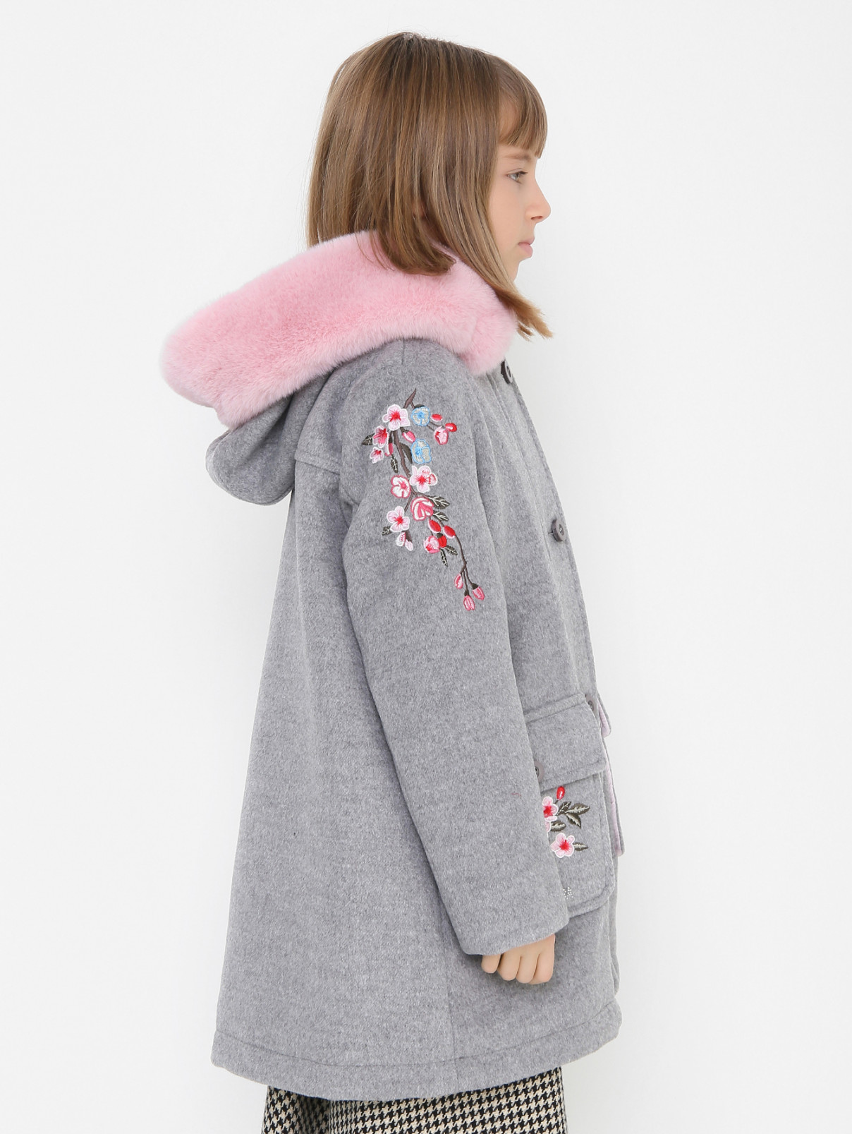 Пальто с вышивкой и накладными карманами MONNALISA  –  МодельВерхНиз2  – Цвет:  Серый