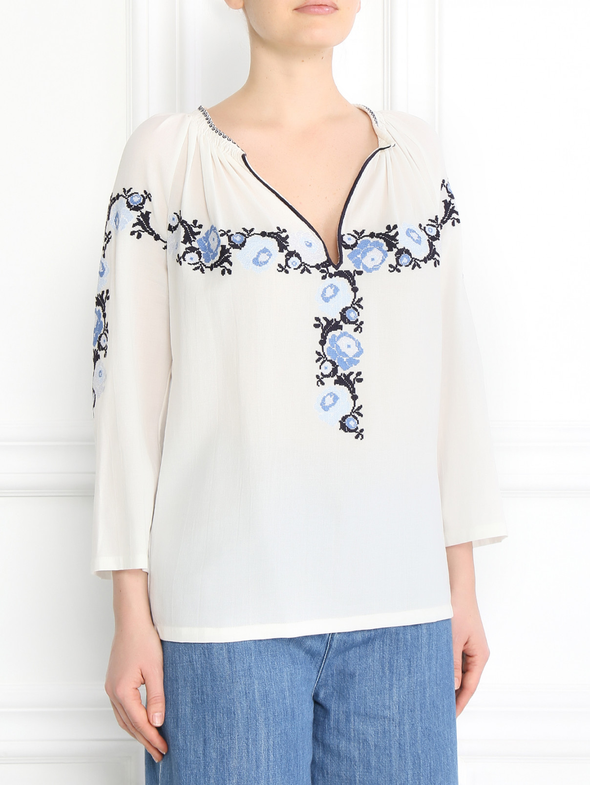 Блуза из хлопка с вышивкой Vilshenko  –  Модель Верх-Низ  – Цвет:  Белый