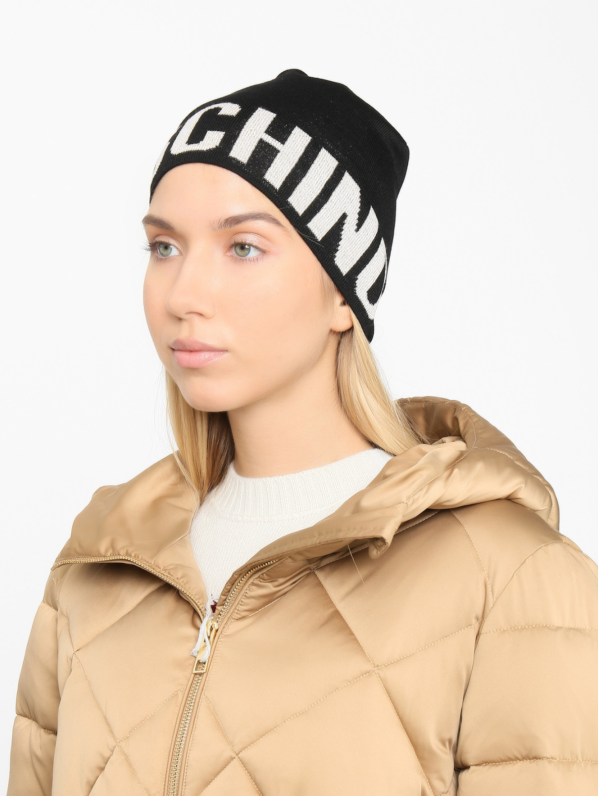 Шапка из смешанной шерсти с логотипом Moschino  –  МодельОбщийВид  – Цвет:  Черный