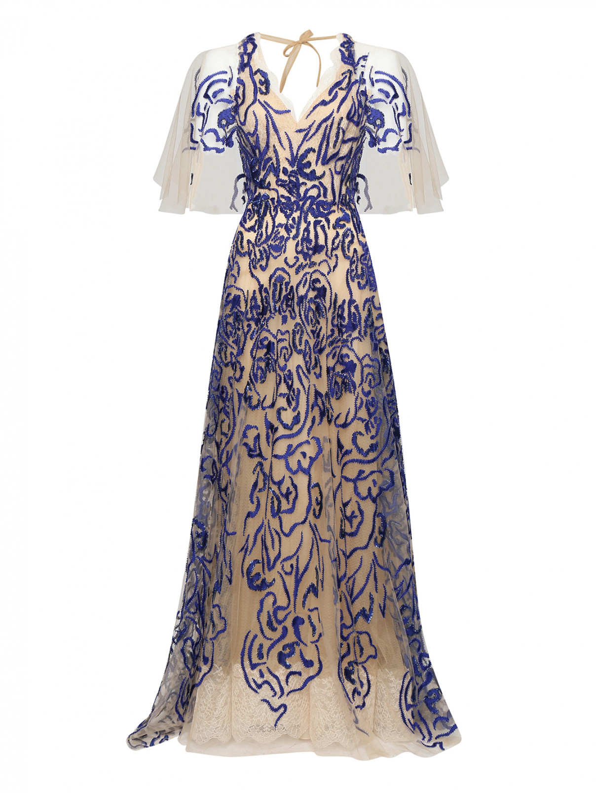 Платье из сетки и кружева с вышивкой Yolan Cris  –  Общий вид  – Цвет:  Бежевый