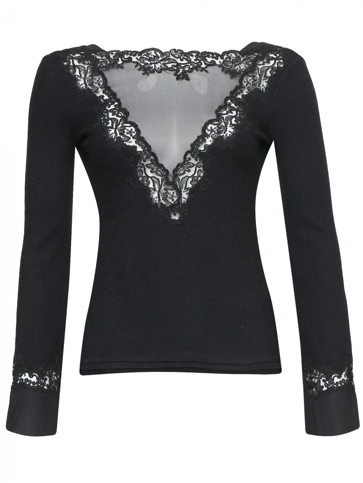 Блуза из шерсти и шелка с кружевной отделкой Ermanno Scervino  –  Общий вид  – Цвет:  Черный