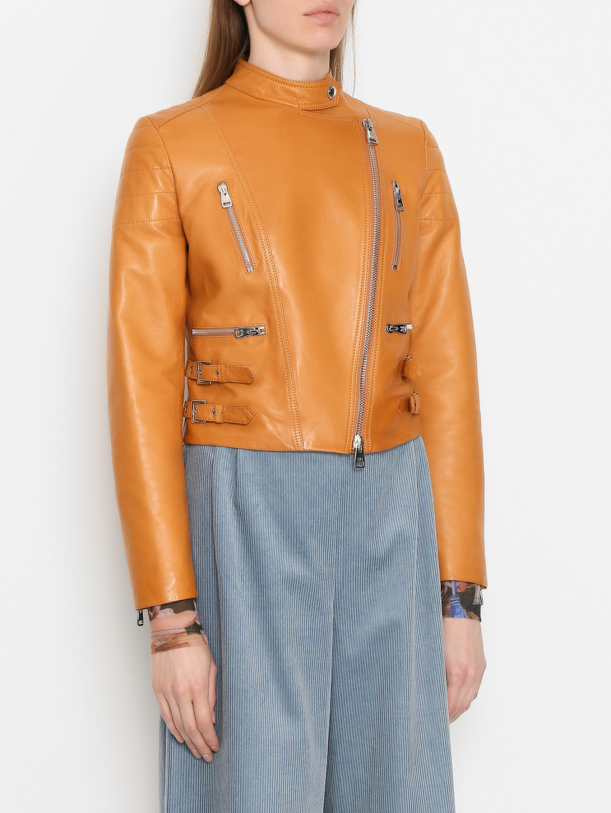 Укороченная куртка из кожи на молнии Ermanno Scervino  –  МодельВерхНиз  – Цвет:  Бежевый