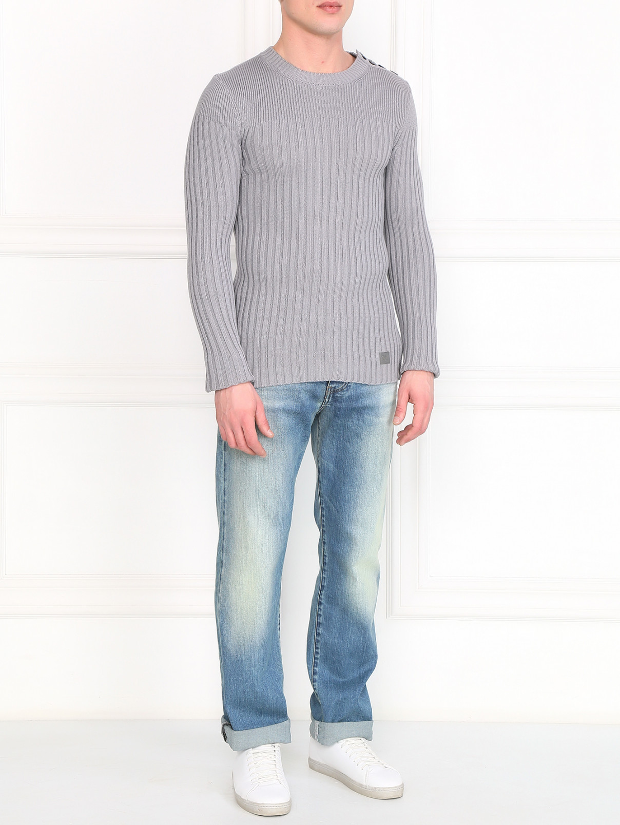Джемпер из хлопка плотной вязки Emporio Armani  –  Модель Общий вид  – Цвет:  Серый