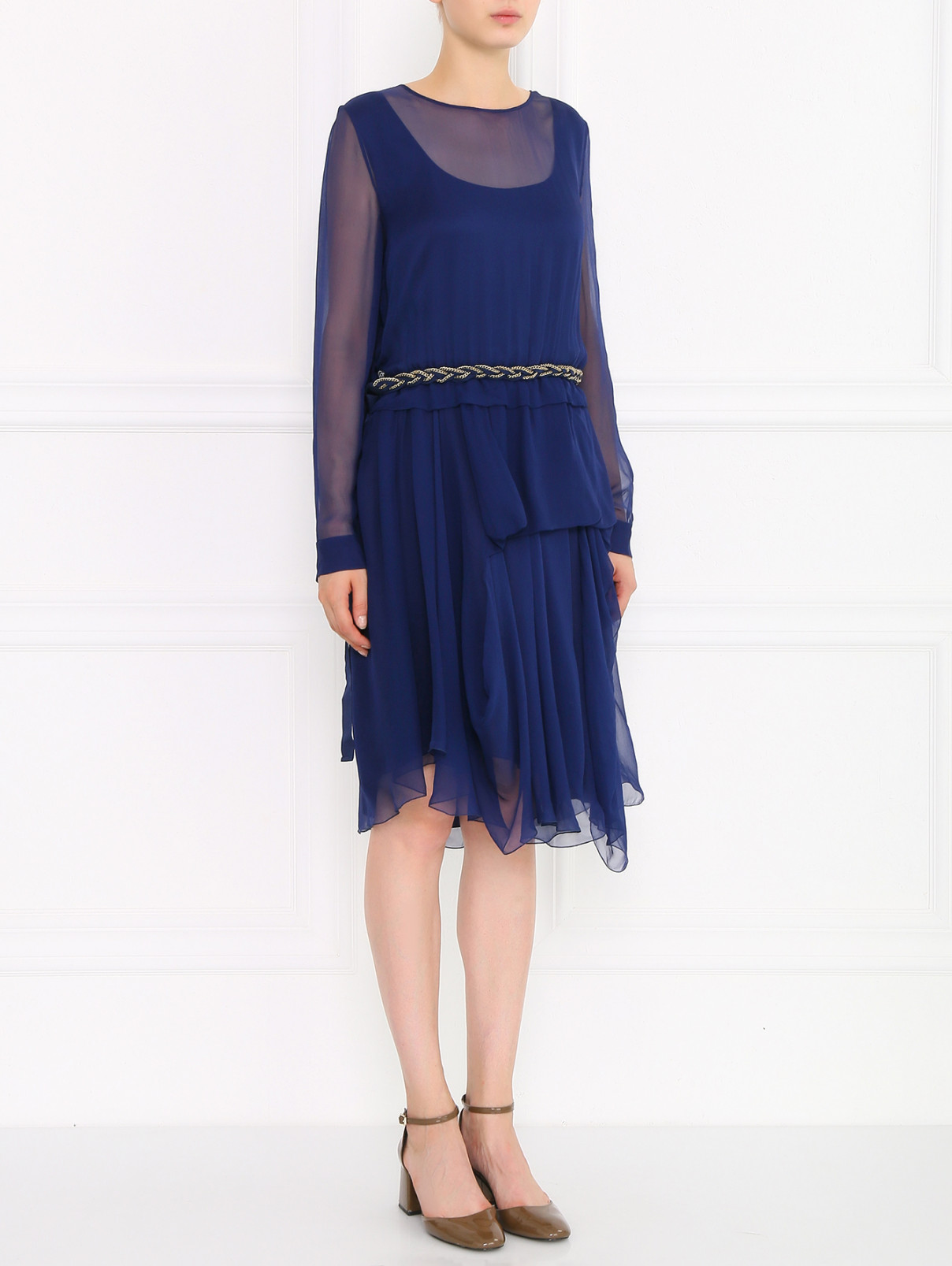 Платье-мини из шелка с декоративной отделкой Alberta Ferretti  –  Модель Общий вид  – Цвет:  Синий
