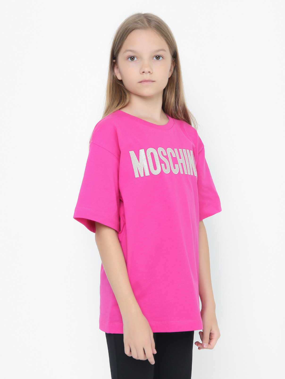 Футболка с вышивкой из хлопка Moschino  –  МодельВерхНиз  – Цвет:  Розовый