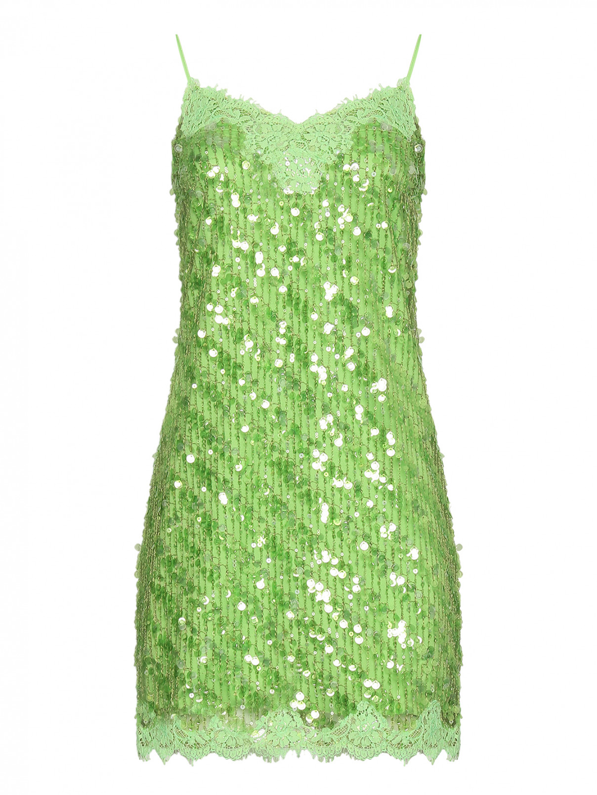 Платье-комбинация декорированное пайетками и кружевом Ermanno Firenze  –  Общий вид  – Цвет:  Зеленый