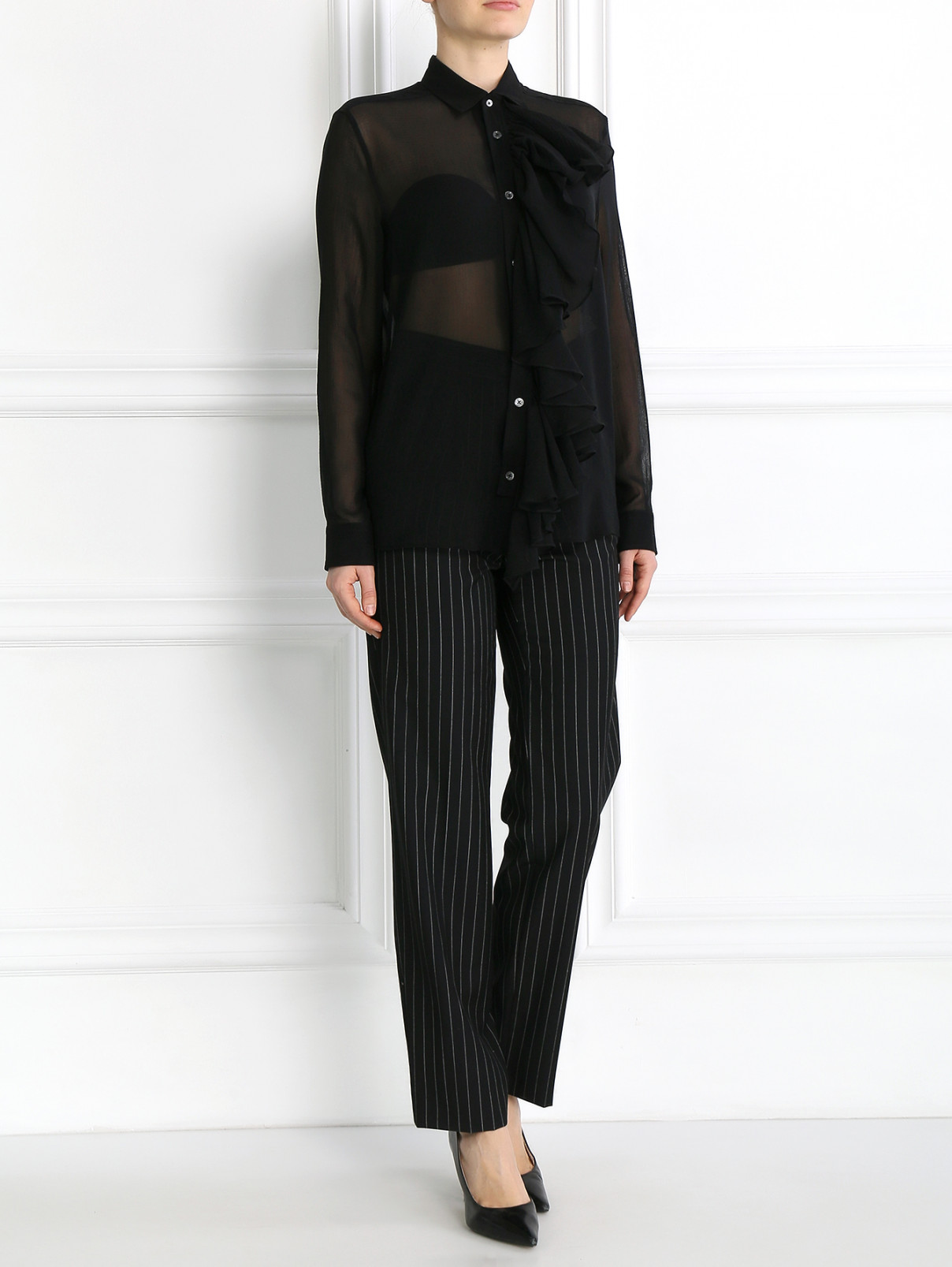 Блуза из хлопка и шелка с воланом Jean Paul Gaultier  –  Модель Общий вид  – Цвет:  Черный
