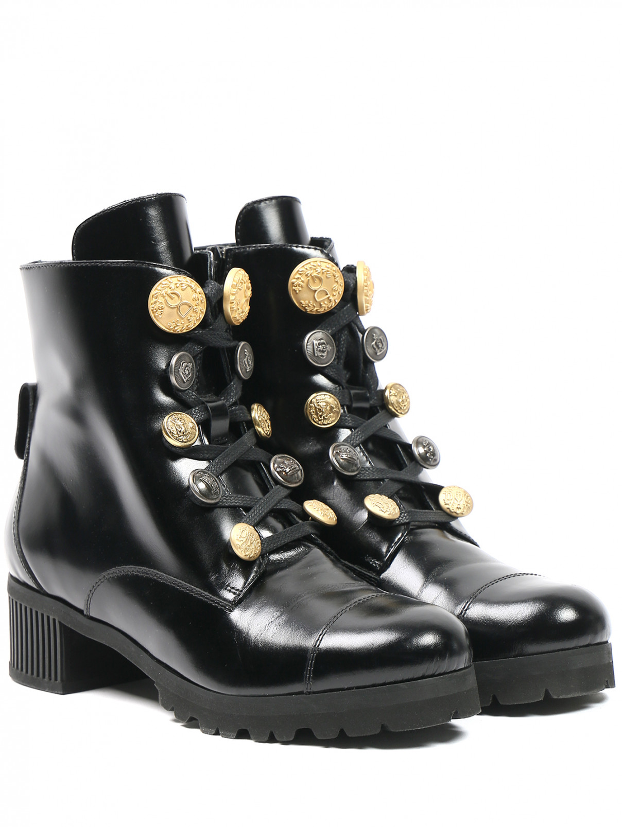 Ботинки из гладкой кожи с металлическими пуговицами D&G  –  Общий вид  – Цвет:  Черный
