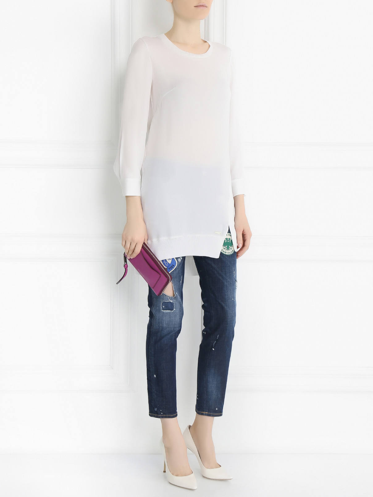 Удлиненная блуза из шелка Dsquared2  –  Модель Общий вид  – Цвет:  Белый