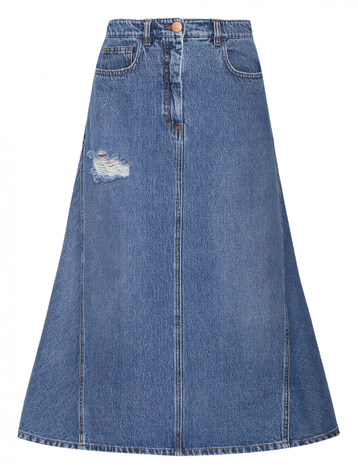 Джинсовая юбка-миди с "рваным эффектом" Moschino Boutique  –  Общий вид  – Цвет:  Синий