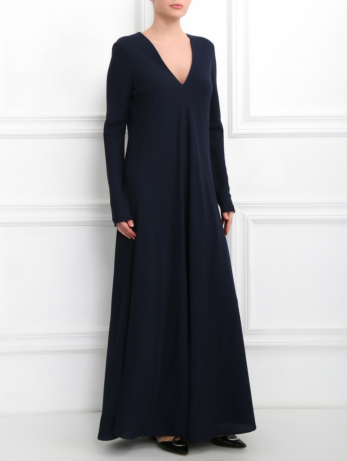 Платье-макси из вискозы и шерсти с V-образным вырезом Maison Margiela  –  Модель Общий вид  – Цвет:  Синий