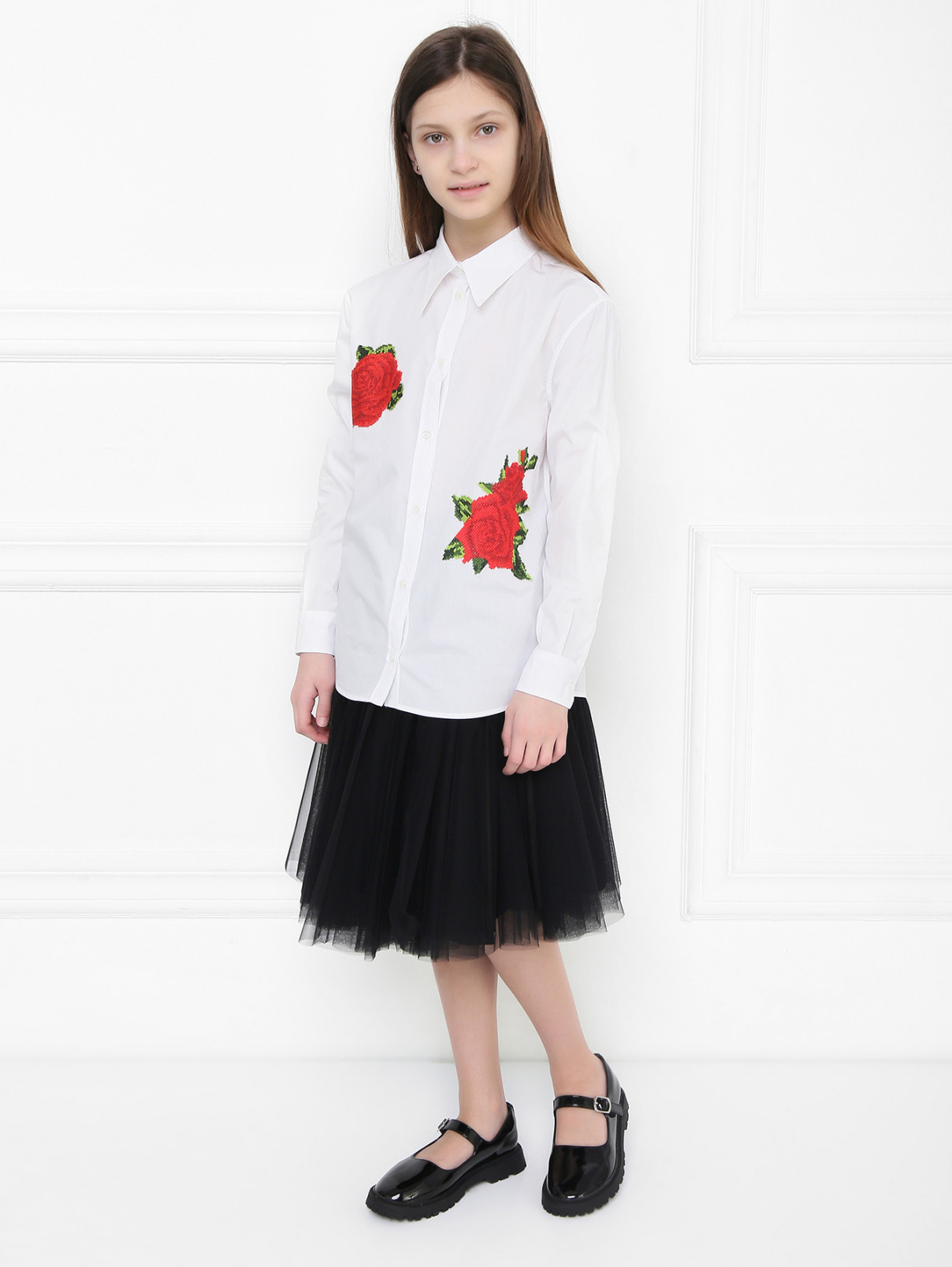 Блуза из хлопка с аппликацией Dolce & Gabbana  –  МодельОбщийВид  – Цвет:  Белый