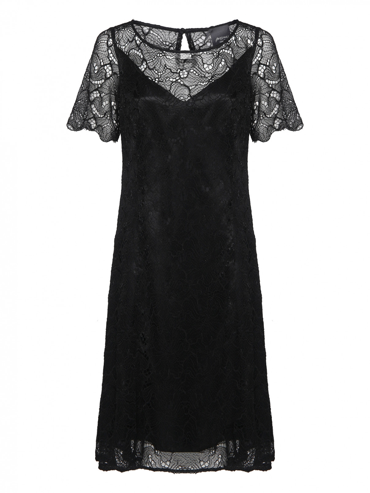 Платье из кружева с коротким рукавом Persona by Marina Rinaldi  –  Общий вид  – Цвет:  Черный